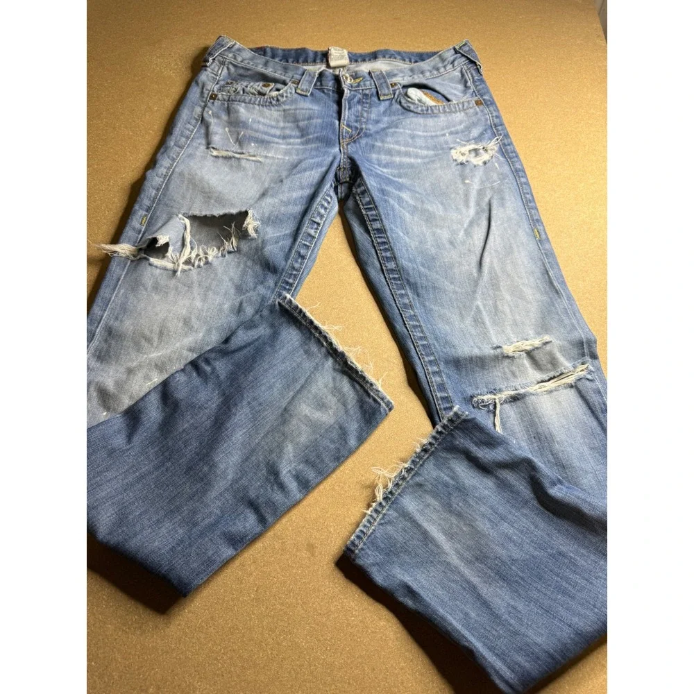True Religion Drew Distressed Straight Leg Jeans Light Wash Blue Men Size 29 USA